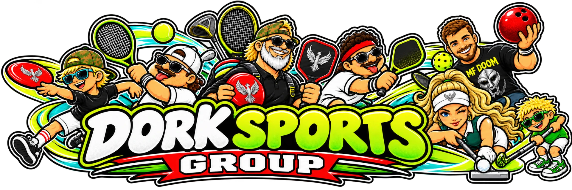 Dork Sports Group logo — a lineup of dorks with discs, paddles, racquets, a golf club and a bowling ball. Dork Sports Group.